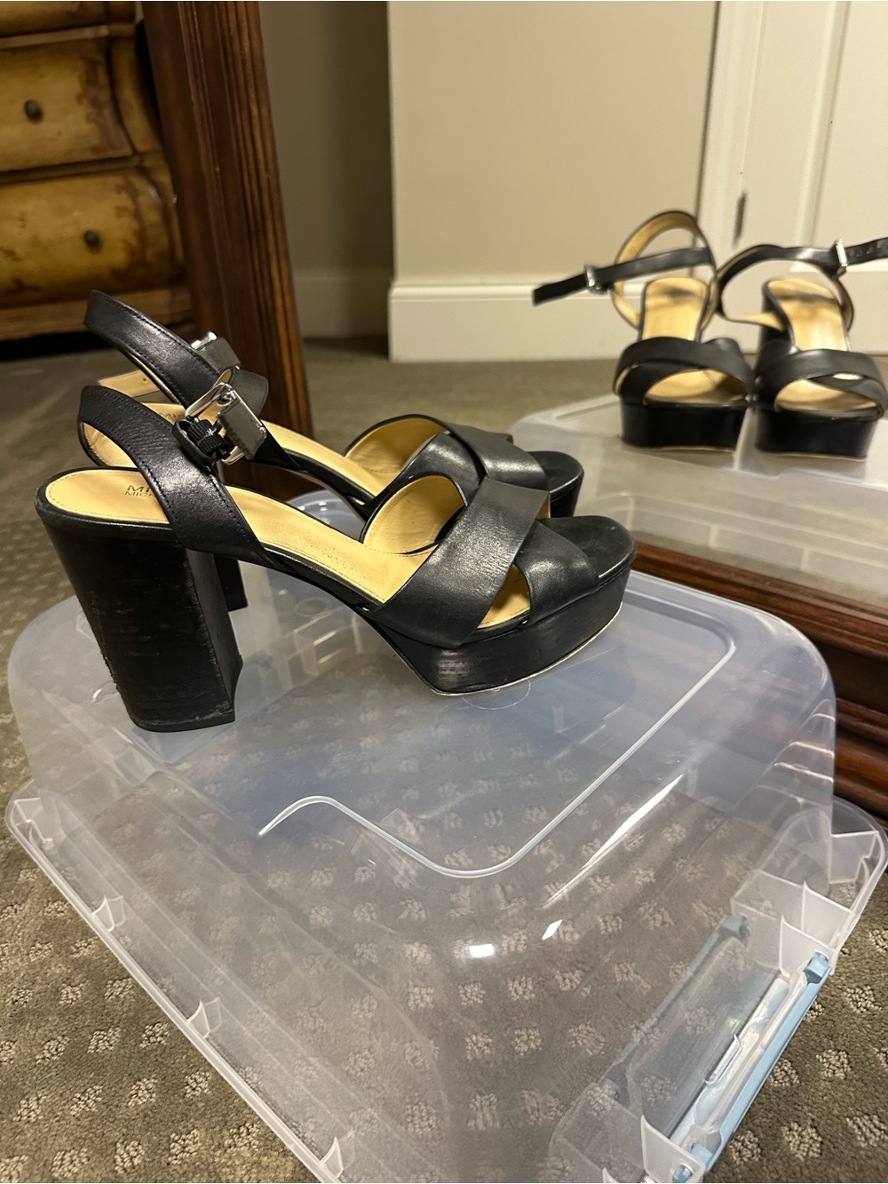 Michael Kors Black Leather Platform Block Heel Sandals